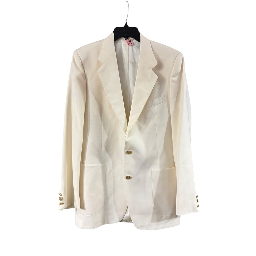 Vintage Oleg Cassini Mens Blazer Off White Gold Crest Buttons Two Button Jacket